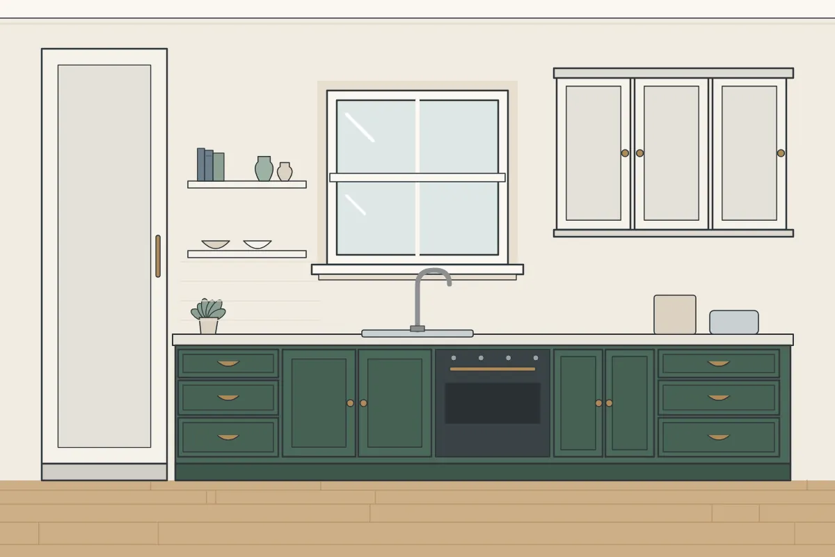 Illustration of a painted bespoke kitchen with tall cabinets and an island