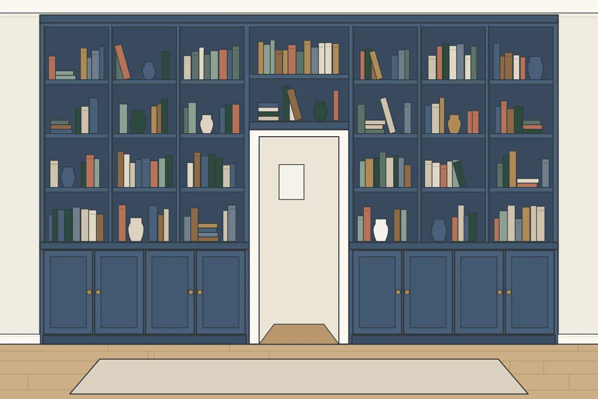 Illustration of a painted built-in bookcase filling a wall, with cupboards below