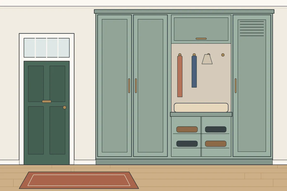 Illustration of painted fitted cupboards built into a hallway