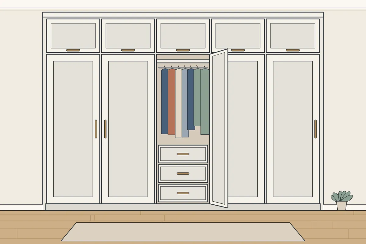 Illustration of painted floor-to-ceiling fitted wardrobes along a bedroom wall