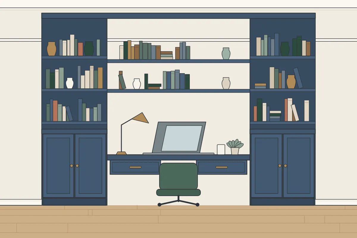 Illustration of a built-in desk with shelving and cupboards in a home office