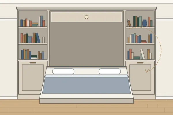 Illustration of a fold-down wall bed in a fitted cabinet with shelves either side