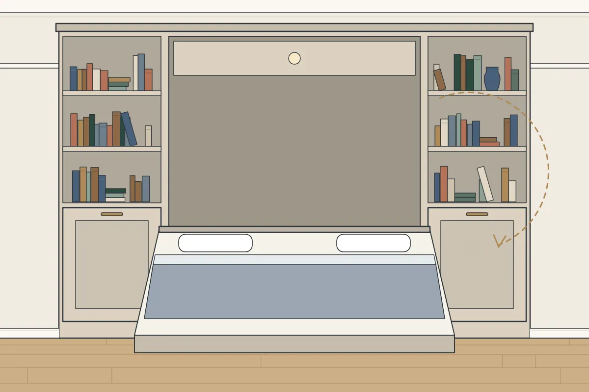 Illustration of a fold-down wall bed in a fitted cabinet with shelves either side
