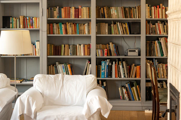 Example photo: painted floor-to-ceiling bookshelves filled with books