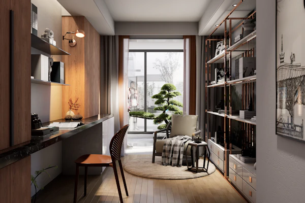 Example photo: a home office with a built-in desk and shelving along the walls