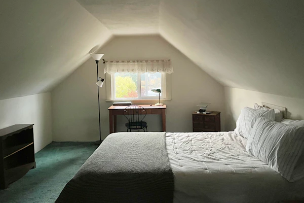 Example photo: a converted loft bedroom with sloping ceilings and low eaves